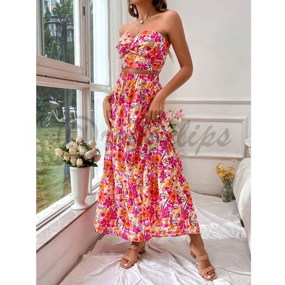 2 Piece Set Floral Strapless Top & High Waist Flared Maxi Skirt Pink Yellow - Picture 5 of 9